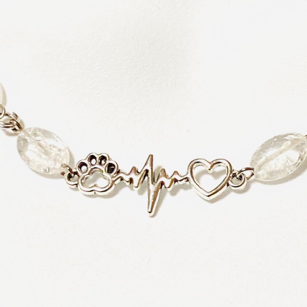 Clear Crackle Quartz Short Necklace, Gemstone & Cute Paw Print Heart Beat Charm